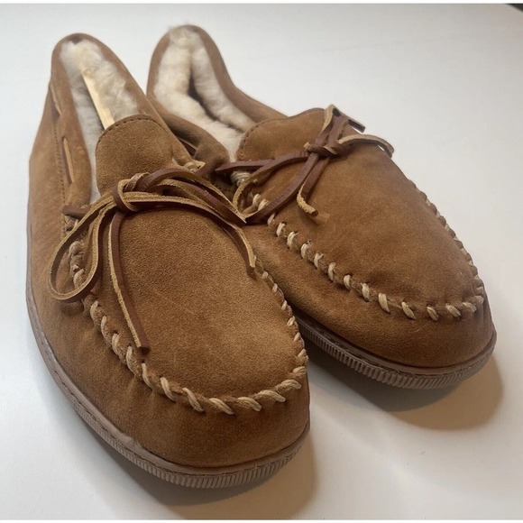 Minnetonka Leather Sheep Wool Lined Loafer Slippers Size 11 Men’s Brown - Picture 1 of 8